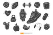Fitness and healthy life doodle icon set. vector illustration