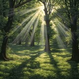 Fototapeta  - Beautiful forest landscape with sunbeams in the morning light