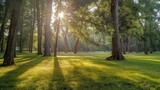 Fototapeta Las - Sun beamed through trees in the lawn
