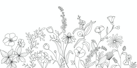 minimal line flower and botanical graphic sketch drawing, trendy tiny tattoo design, floral elements vector illustration