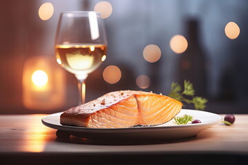 salmon steak on the dish with white wine on wood table