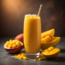 A Luscious Mango Smoothie And A Creamy Mango Lassi, Garnished With Fresh Mango Slices And A Sprinkle Of Coconut Flakes