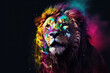 An vibrant photograph of a lion splashed in bright paint, contemporary colors and mood social background