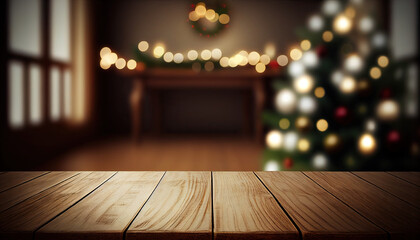 Wall Mural - Empty wooden table with christmas theme in background