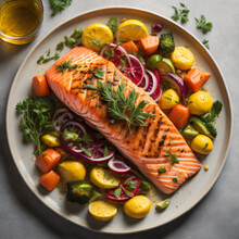Zesty Citrus Salmon, Featuring A Perfectly Cooked Fillet Of Salmon Marinated With A Tangy Citrus Glaze, Garnished With Fresh Herbs And Served Alongside Colorful Roasted Vegetables