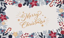 ヒイラギやポインセチアで装飾したクリスマスカード。フラットなデザイン。ベクター背景。