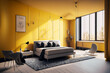 interior of a bedroom, modern living room with a window, a modern bedroom, modern architeture ,yellow color building structure,wallpaper. Jpeg, Ai Generate 