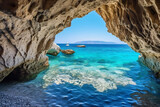 Fototapeta Paryż - View of the paradise beach on the aegean coast of greece cave in the sea photography