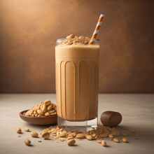 Creamy Peanut Butter Smoothie With Swirls Of Caramel Sauce And Plenty Of Peanuts. Beige Background With Ample Copy Space