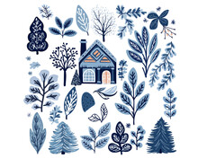 Set With Winter Houses And Forest Fir Trees, Trees And Leaves, Doodle Vector For Wrapping Paper, Wallpaper, Textile, Fabric