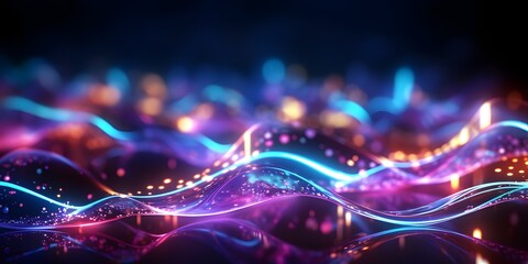 abstract background with pink blue glowing neon lines and bokeh lights. data transfer concept. digit