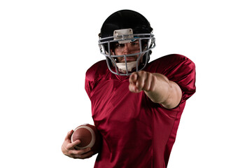 Wall Mural - Digital png photo of biracial american football player pointing finger on transparent background