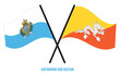 San Marino and Bhutan Flags Crossed And Waving Flat Style. Official Proportion. Correct Colors.