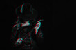 © alexkoral - Sexy female dominant mistress with whip for BDSM sex with submission and domination in noir style on dark background. Black and white with 3D glitch virtual reality effect