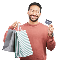 Asian man, credit and happy with shopping bag in portrait for png, transparent or isolated background. Budget, gift and male person with card for purchase with discount for customer or fashion.