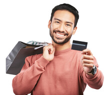 Happy Asian Man, Shopping Bag And Credit Card For Banking Isolated On A Transparent PNG Background. Portrait Of Male Person Or Shopper With Smile For Loyalty Discount, Purchase Or Payment On Account