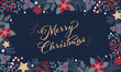 ヒイラギやポインセチアで装飾したクリスマスカード。フラットなデザイン。ベクター背景。