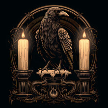 Crow And Candles Fire Illustration