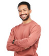 Smile, portrait of man with arms crossed and isolated on transparent png background, confidence with proud happiness. Relax, casual fashion and happy face of confident male model in Mexico with pride