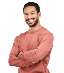 smile, portrait of man with arms crossed and isolated on transparent png background, confidence with