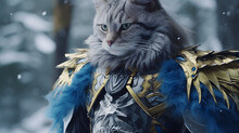 A Cat As A Warrior In Leather Armor And Blue And Yellow Feathers Cloak In A Snowy Forest
