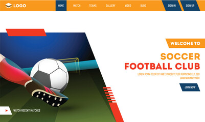 Sticker - Welcome To Soccer Football Club Landing Page Design with Closeup Shot of Football Player Kicking Soccer Ball.