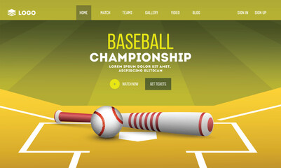 Sticker - Watch Now Baseball Championship Website Banner Design with Highlight Baseball, Bat on Glossy Yellow Court Background.