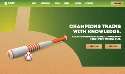 Baseball Champions Trains with Knowledge Game App or Responsive Template Design with Realistic Baseball, Bat on Field Background.