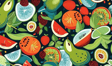  A Bunch Of Fruit That Is On A Table Cloth With Leaves.  Generative Ai