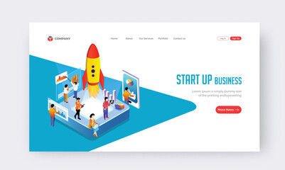 Sticker - Business Start Up Concept Based Landing Page Design with Illustration of Business People Working Together at Workplace for Launching Project.