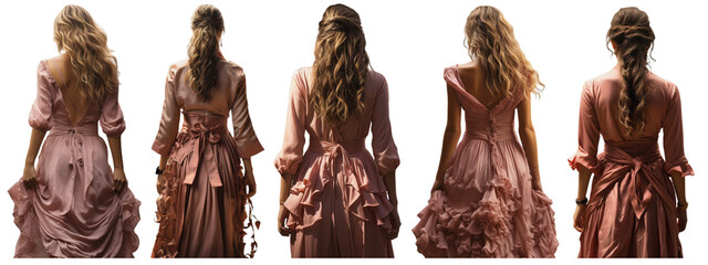 back view of women with long beautiful hair in a pink dress, on a transparent background, Generative AI