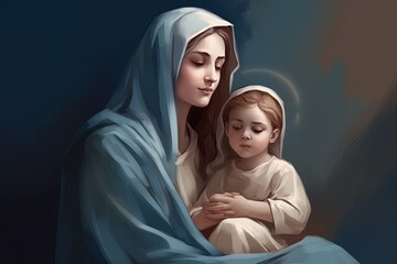 Wall Mural - Photo illustration of the Orthodox Mother of God Virgin Mary with the baby biblical picture AI