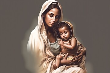 Wall Mural - Photo illustration of the dark skinned Mother of God Virgin Mary with the baby biblical picture AI