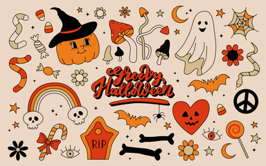 retro 70s 60s hippie groovy halloween set. funny spooky ghost pumpkin flower hippy emotional element