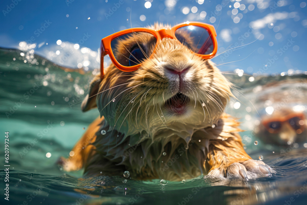 Cute Bunny Holland Lop Rabbit wearing glasses swimming the beach in ...