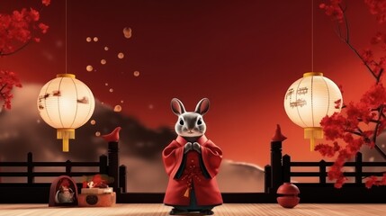 Wall Mural - Cheerful Rabbit Celebrating Mid Autumn, Happy Mid Autumn Festival Background. Generative Ai