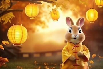 Wall Mural - Cheerful Rabbit Celebrating Mid Autumn, Happy Mid Autumn Festival Background. Generative Ai