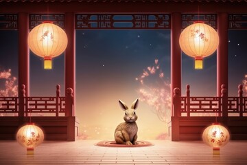 Wall Mural - Cheerful Rabbit Celebrating Mid Autumn, Happy Mid Autumn Festival Background. Generative Ai