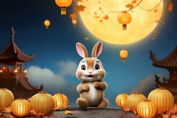 Wall Mural - Cheerful Rabbit Celebrating Mid Autumn, Happy Mid Autumn Festival Background. Generative Ai