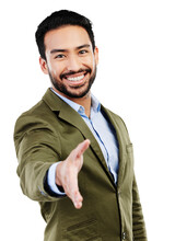 Businessman, Portrait And Handshake In Agreement Or Deal Isolated On A Transparent PNG Background. Happy Asian Man Or Employee Shaking Hands In Partnership, Greeting Or B2b Introduction And Thank You