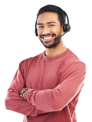 Aufkleber - Call center, man with arms crossed and headset, customer service job with CRM isolated on transparent png background. Portrait, male consultant with tech support and help desk for telemarketing