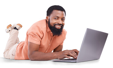 Portrait of black man, typing and happy on laptop in studio for streaming, movies or search on the internet on png background. Transparent, isolated person and computer for movie, show or tv online