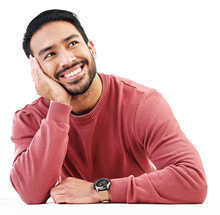 Asian Man, Thinking And Dream With Smile, Future And Mindset With Decision Isolated On Transparent Png Background. Male Person, Inspiration And Vision With Happiness, Positive Thoughts And Relax