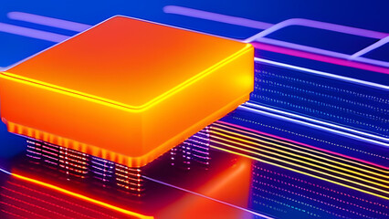 Wall Mural - 3d render, abstract computer hardware background, glowing processor, neon light, virtual reality, ul