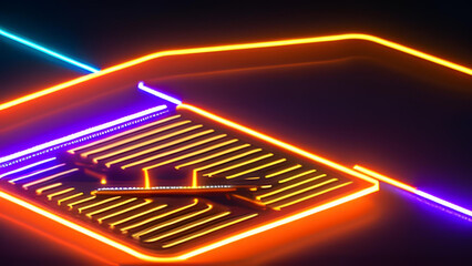 Wall Mural - 3d render, abstract neon light background, glowing lines, screen pixels, virtual reality, ultraviole
