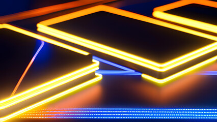 Wall Mural - 3d render, abstract background, random glowing shapes, screen pixels, neon light, virtual reality, u