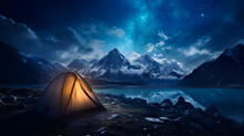 Light Glowing In Tent In The Middle Of A Mountain Range At Night And The Mountains In The Background. Generative AI...