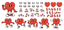 Cartoon Heart Characters. Mascot Hearts Constructor, Sticker With Hand And Leg, Organ With Emotion Face, Valentine Love Emotions. Poses And Expressions Character. Vector Set