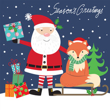 Christmas Card With Santa And Fox On The Sleigh