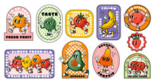 Cartoon Fruit And Vegetable Sticker. Comic Retro Fruits Vegetables Character, Fruit Faces. Trendy Supermarket Vintage Promo Label, Market Healthy Food. Vector Set